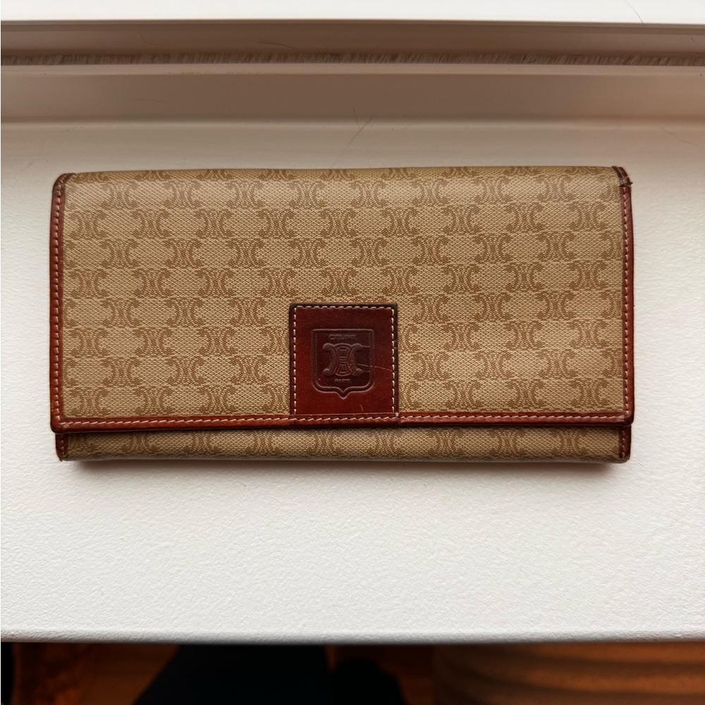 Authentic Celine Brown/Beige Macadam Gamaguchi PVC Leather Wallet